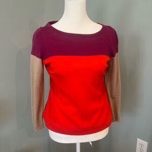 LOFT Colorblock Crew Neck Wool Sweater - Red, Purple, Tan